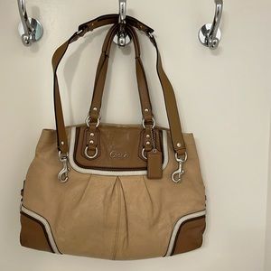 Coach Ashley Spectator Tote in tan, brown, and white leather